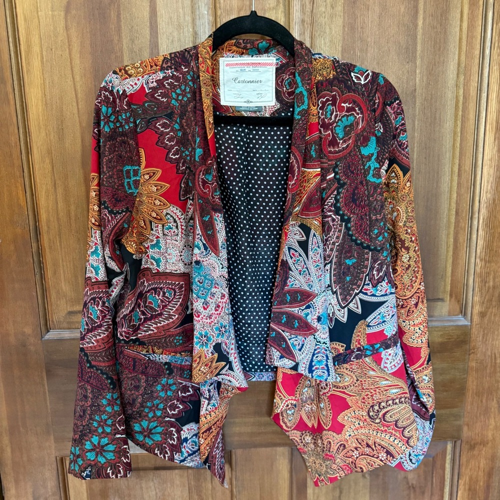 Cartonnier Anthropologie Paisley Patchwork Draped Open Front Blazer Red Size M